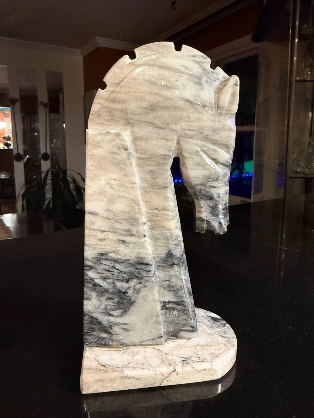 Marble Horse Head Sculpture in White and Gray